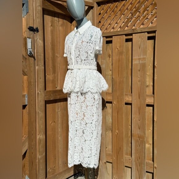 🆕 SELF-PORTRAIT 🧿 NWOT White Lace Peplum Belted Midi Dress, Sz UK 10 US 6 - Picture 5 of 16